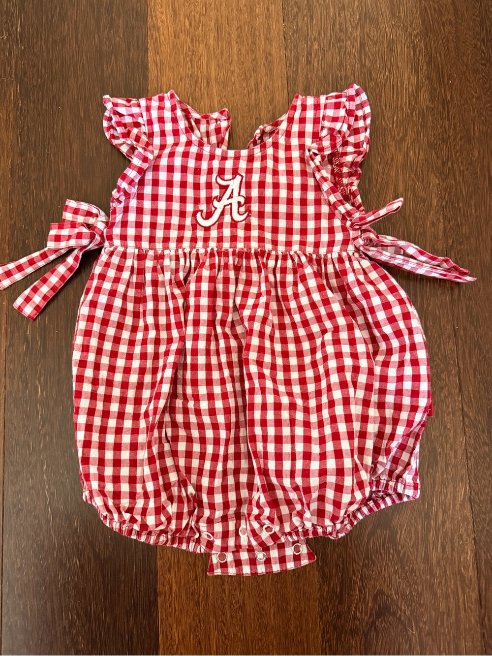 Red Gingham ALABAMA Crimson Tide Baby Bubble Romper with Ruffle Sleeves